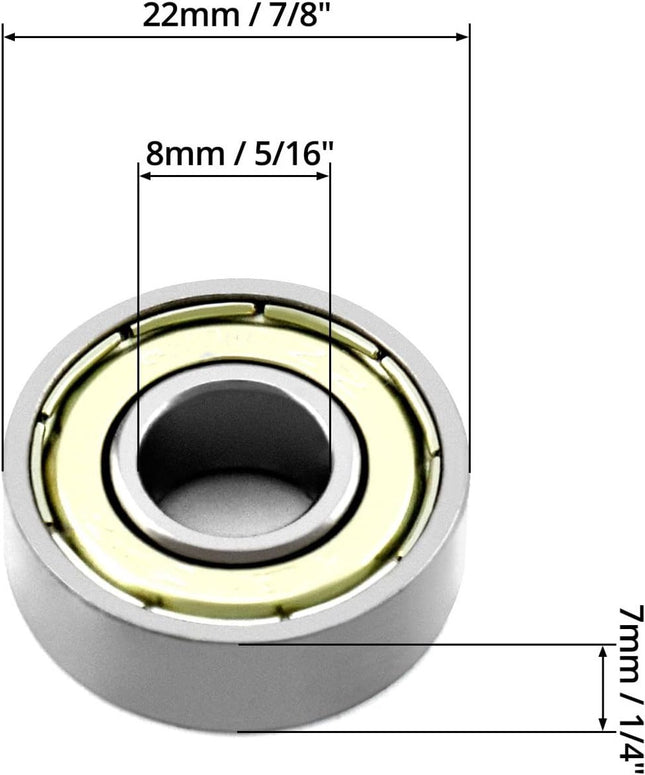 20 608zz ball bearings - Miniature deep groove ball bearings, double metal shielding - For skateboards, scooters, inline skates, 8 mm x 22 mm x 7 mm