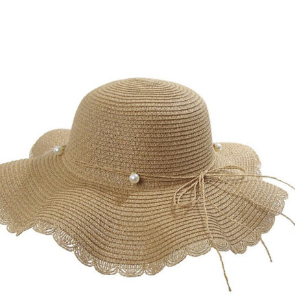 Straw hat - foldable sun hat for women - summer - breathable beach hat with wide brim and soft edge - with beautiful beads - UV protection - UPF 50 - suitable for hiking, travel and vacations