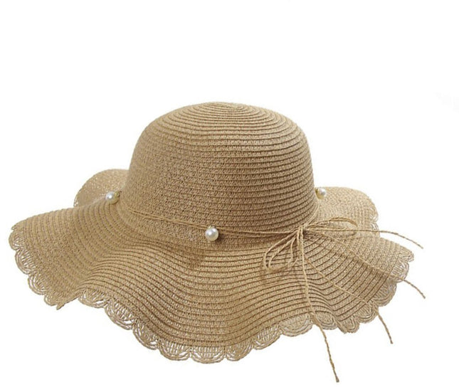 Straw hat - foldable sun hat for women - summer - breathable beach hat with wide brim and soft edge - with beautiful beads - UV protection - UPF 50 - suitable for hiking, travel and vacations