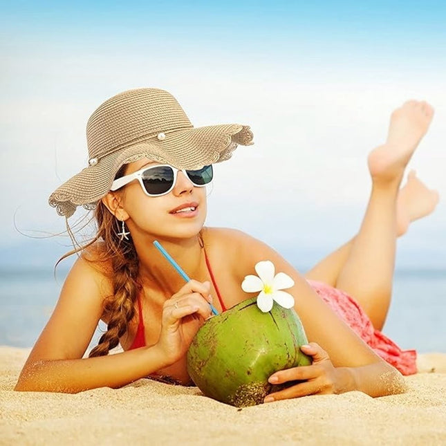 Straw hat - foldable sun hat for women - summer - breathable beach hat with wide brim and soft edge - with beautiful beads - UV protection - UPF 50 - suitable for hiking, travel and vacations