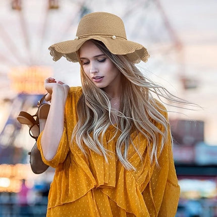 Straw hat - foldable sun hat for women - summer - breathable beach hat with wide brim and soft edge - with beautiful beads - UV protection - UPF 50 - suitable for hiking, travel and vacations