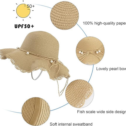 Straw hat - foldable sun hat for women - summer - breathable beach hat with wide brim and soft edge - with beautiful beads - UV protection - UPF 50 - suitable for hiking, travel and vacations