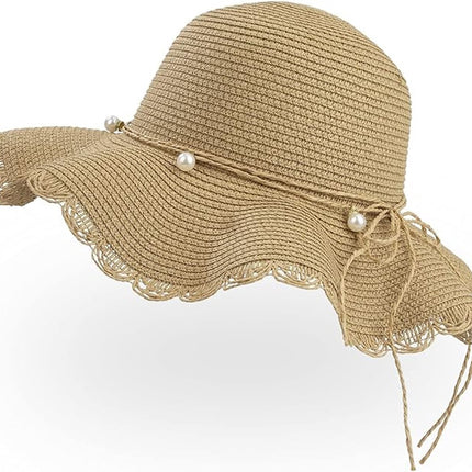 Straw hat - foldable sun hat for women - summer - breathable beach hat with wide brim and soft edge - with beautiful beads - UV protection - UPF 50 - suitable for hiking, travel and vacations