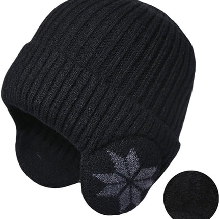 Beanie - Women's Beanie - Men's Beanie - Black Men's Beanie - Thick and Warm Knit Beanie - Unisex - Thermal Lining - With Ear Flaps - Ideal for Outdoor Activities - Camping - Sports - Gift Idea - Black