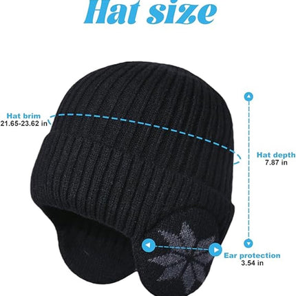Beanie - Women's Beanie - Men's Beanie - Black Men's Beanie - Thick and Warm Knit Beanie - Unisex - Thermal Lining - With Ear Flaps - Ideal for Outdoor Activities - Camping - Sports - Gift Idea - Black