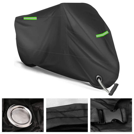 Waterproof Motorcycle and Moped Cover with Reflective Strips, Rain UV Dust Resistant, Black, 265x105x125cm