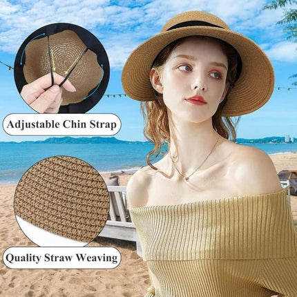 UV Protective Straw Beach Hat Wide Brim Foldable Breathable for Summer Outdoor, White