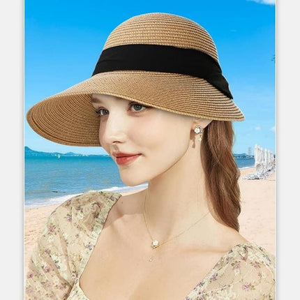 UV Protective Straw Beach Hat Wide Brim Foldable Breathable for Summer Outdoor, White