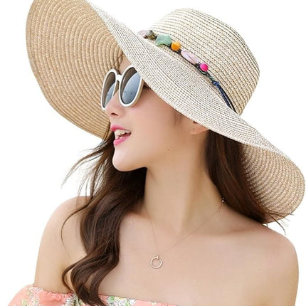 Women's Wide Brim Straw Hat UPF50+ Sun Protection Foldable Beach Hat for Summer, Beige