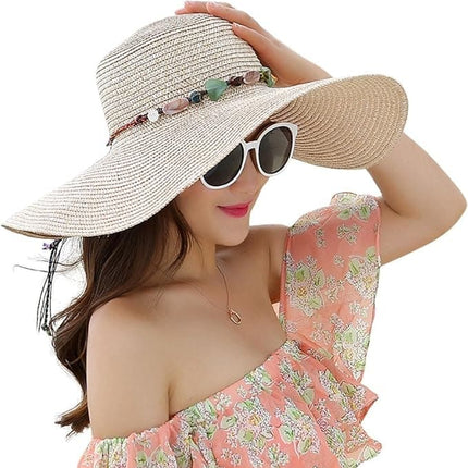 Women's Wide Brim Straw Hat UPF50+ Sun Protection Foldable Beach Hat for Summer, Beige