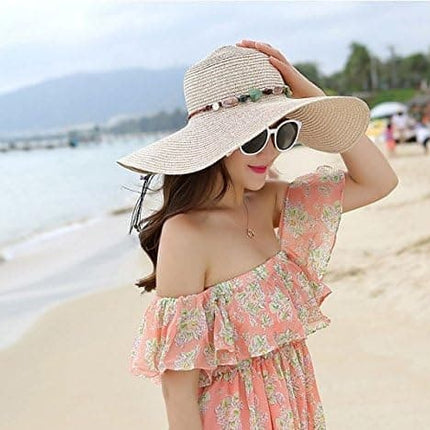 Women's Wide Brim Straw Hat UPF50+ Sun Protection Foldable Beach Hat for Summer, Beige