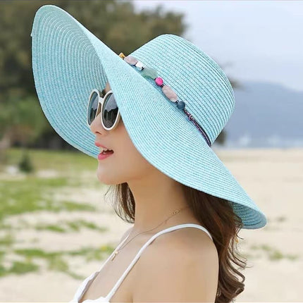 Women's Wide Brim Straw Hat UPF50+ Sun Protection Foldable Beach Hat, Light Blue