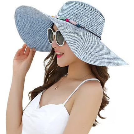 Foldable Straw Hat for Women UPF50+ Sun Protection Wide Brim, Blue, One Size