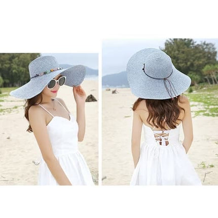 Foldable Straw Hat for Women UPF50+ Sun Protection Wide Brim, Blue, One Size