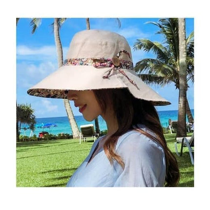 Women's Sun Hat Wide Brim Double-Sided UV Protection Foldable Beach Hat, Beige