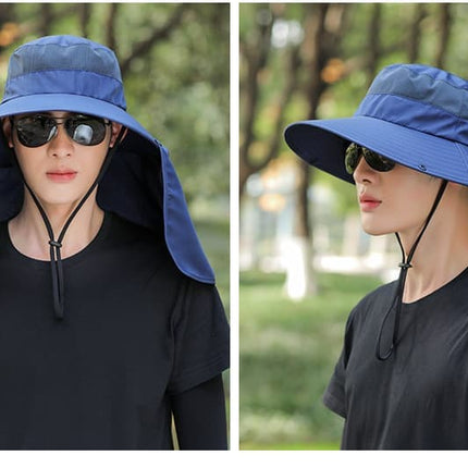 UV Protection Foldable Sun Hat with Neck Protection, Fishing and Hiking Cap, Dark Blue