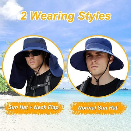 UV Protection Foldable Sun Hat with Neck Protection, Fishing and Hiking Cap, Dark Blue