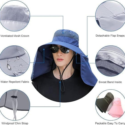 UV Protection Foldable Sun Hat with Neck Protection, Fishing and Hiking Cap, Dark Blue