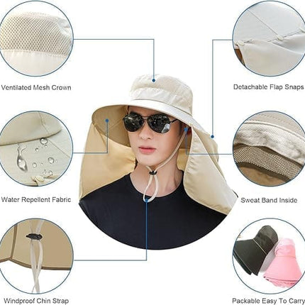 Foldable Sun Hat with Neck Protection UV Protection Fishing and Hiking Cap, Beige