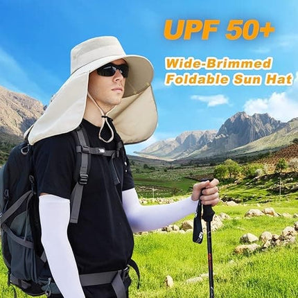 Foldable Sun Hat with Neck Protection UV Protection Fishing and Hiking Cap, Beige