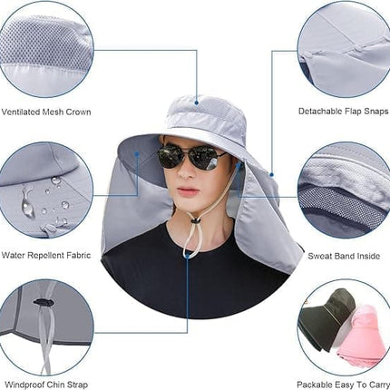 Foldable Sun Hat with Neck Protection UV Protection Fishing and Hiking Cap, Light Gray