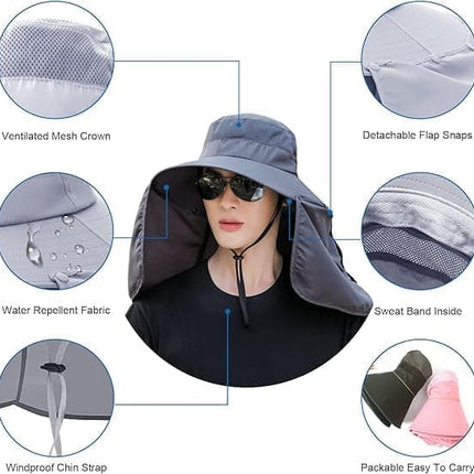 Foldable Sun Hat with Neck Protection UV Protection Fishing and Hiking Cap, Dark Gray