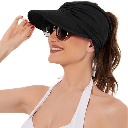 Women's UPF 50+ UV Protection Sun Visor Hat |  That Girl Aesthetic High Ponytail Wide Brim Hat | Birthday Gift for Her Beach Golf Hiking Outdoor Daily Casual WearBlack