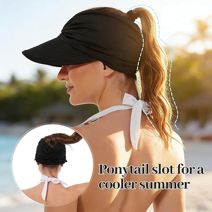 Women's UPF 50+ UV Protection Sun Visor Hat |  That Girl Aesthetic High Ponytail Wide Brim Hat | Birthday Gift for Her Beach Golf Hiking Outdoor Daily Casual WearBlack
