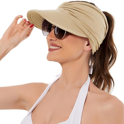Women's UPF 50+ UV Protection Sun Visor Hat |  That Girl Aesthetic High Ponytail Wide Brim Hat | Birthday Gift for Her Beach Golf Hiking Outdoor Daily Casual WearBeige