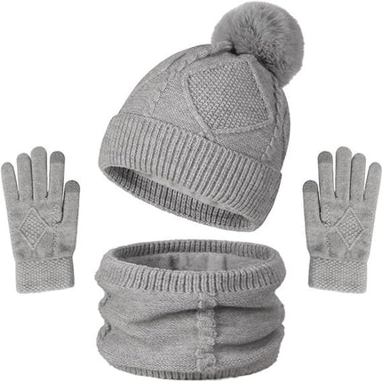 Women's 3-in-1 Winter Set - Hat + Scarf + Gloves - Thermal Reinforced Fleece Lining - Knit Beanie with Pom-Pom - Touchscreen Gloves - For Cold Winter Weather