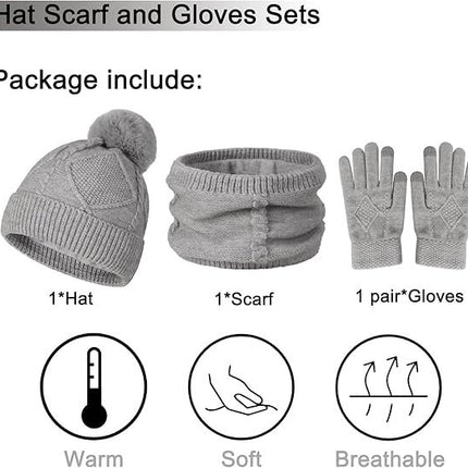 Women's 3-in-1 Winter Set - Hat + Scarf + Gloves - Thermal Reinforced Fleece Lining - Knit Beanie with Pom-Pom - Touchscreen Gloves - For Cold Winter Weather