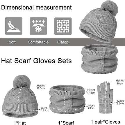 Women's 3-in-1 Winter Set - Hat + Scarf + Gloves - Thermal Reinforced Fleece Lining - Knit Beanie with Pom-Pom - Touchscreen Gloves - For Cold Winter Weather