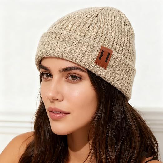 Knitted Hat - Rolled Brim Beanie - Warm Winter Hat - Knit Wool Brimless Cap - Unisex - Beige