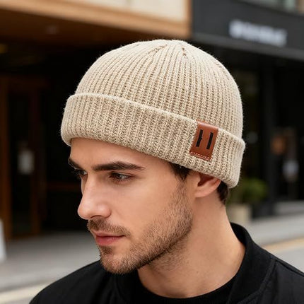 Knitted Hat - Rolled Brim Beanie - Warm Winter Hat - Knit Wool Brimless Cap - Unisex - Beige