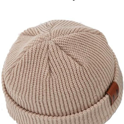 Knitted Hat - Rolled Brim Beanie - Warm Winter Hat - Knit Wool Brimless Cap - Unisex - Beige