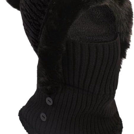 Beanie and Neck Warmer Set Knitted Winter Hat with Pom Pom Black, One Size
