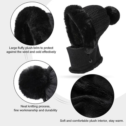 Beanie and Neck Warmer Set Knitted Winter Hat with Pom Pom Black, One Size