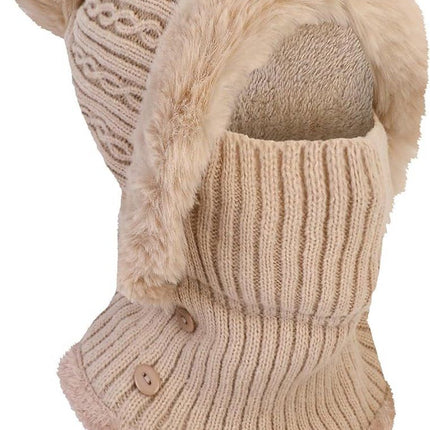 Beanie and Neck Warmer Set Knitted Winter Hat with Pom Pom Light Khaki, One Size