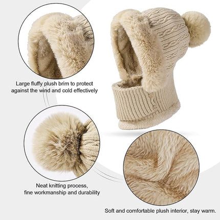 Beanie and Neck Warmer Set Knitted Winter Hat with Pom Pom Light Khaki, One Size