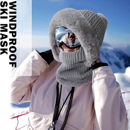 Beanie and Neck Warmer Set Knitted Winter Hat with Pom Pom Grey, One Size