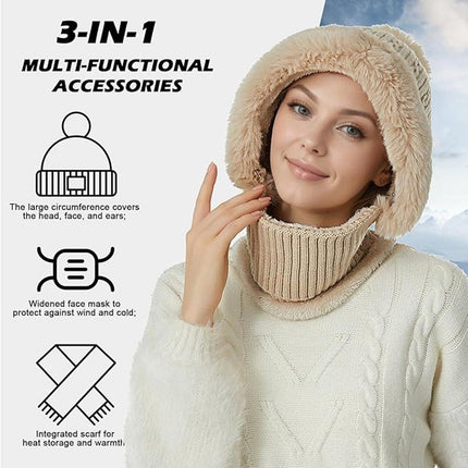 Beanie and Neck Warmer Set Knitted Winter Hat with Pom Pom Grey, One Size