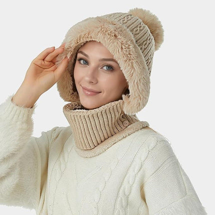 Beanie and Neck Warmer Set Knitted Winter Hat with Pom Pom Grey, One Size