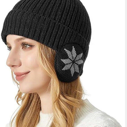Winter Earmuff Hat Plush Knitted Fleece Lined Black