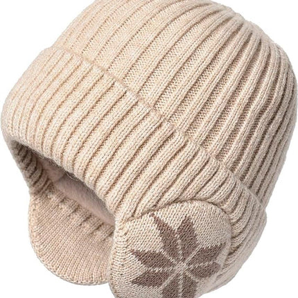 Winter Earmuff Hat Plush Knitted Fleece Lined Beige