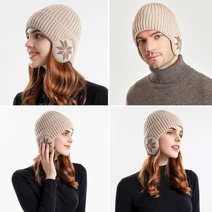 Winter Earmuff Hat Plush Knitted Fleece Lined Beige