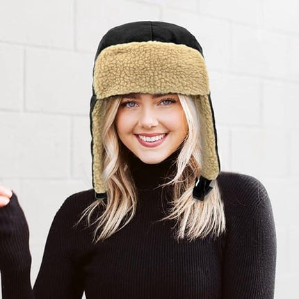 Winter Aviator Hat Thickened Cotton with Earmuffs Black, One Size
