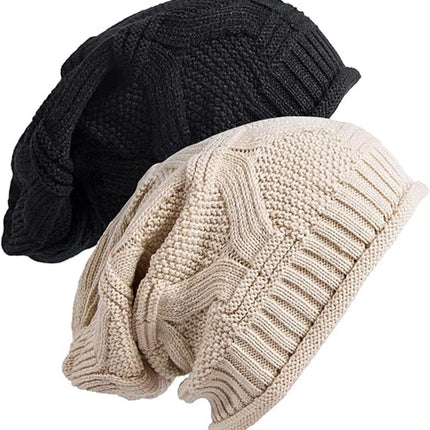 2 Piece Knitted Beanie Hat Set Ultra Warm Unisex Black White
