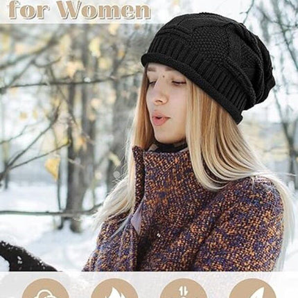 2 Piece Knitted Beanie Hat Set Ultra Warm Unisex Black White
