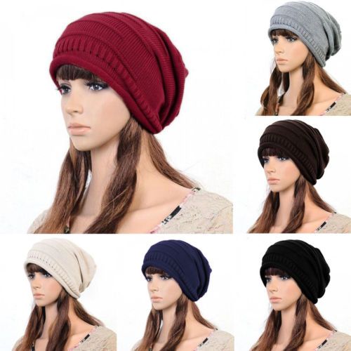 Womens Knitted Slouchy Beanie Winter Ski Hat Red