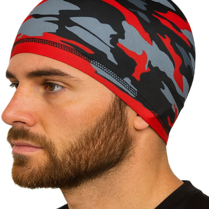 Motorcycle Beanie | Camouflage Cycling Beanie | Helmet Beanie | Bandana | Ventilated | Motorcycle Accessories | Helmet Hair Cap | Camo/Red